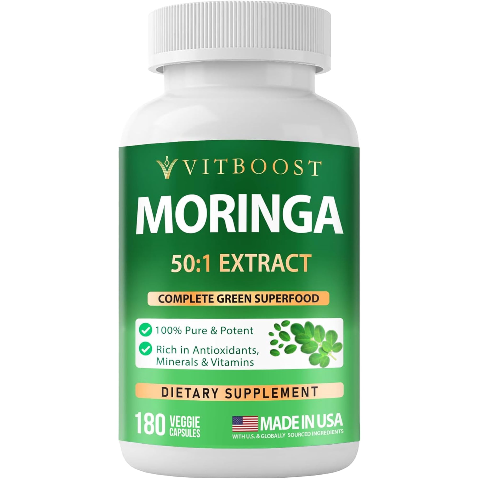 VITBOOST Moringa Oleifera 50:1 Extract Capsules 400mg - Moringa Capsules for Antioxidant Superfood, Energy & Immune Support - Non-GMO, Lab Tested, Made in USA - 180 Count | 3 Month Supply