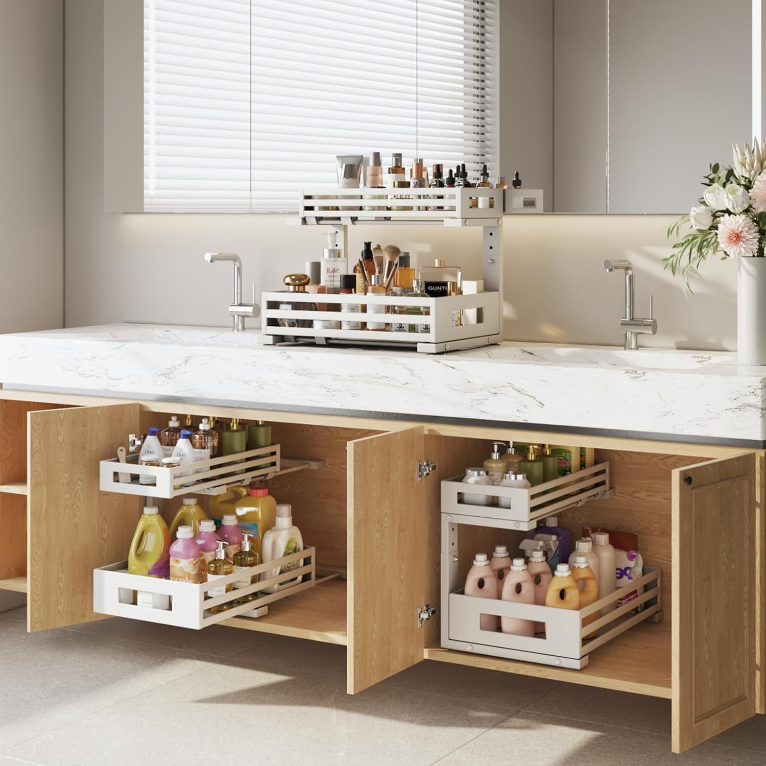 2-Pack Under Sink Organizers and Storage,2-Tier L Shape Pull Out Cabinet Organizer With Round Tube Slide Rails,Hight Adjustable Slide Out Drawers for Kitchen&Bathroom,Multi-Purpose StorageShelf-White