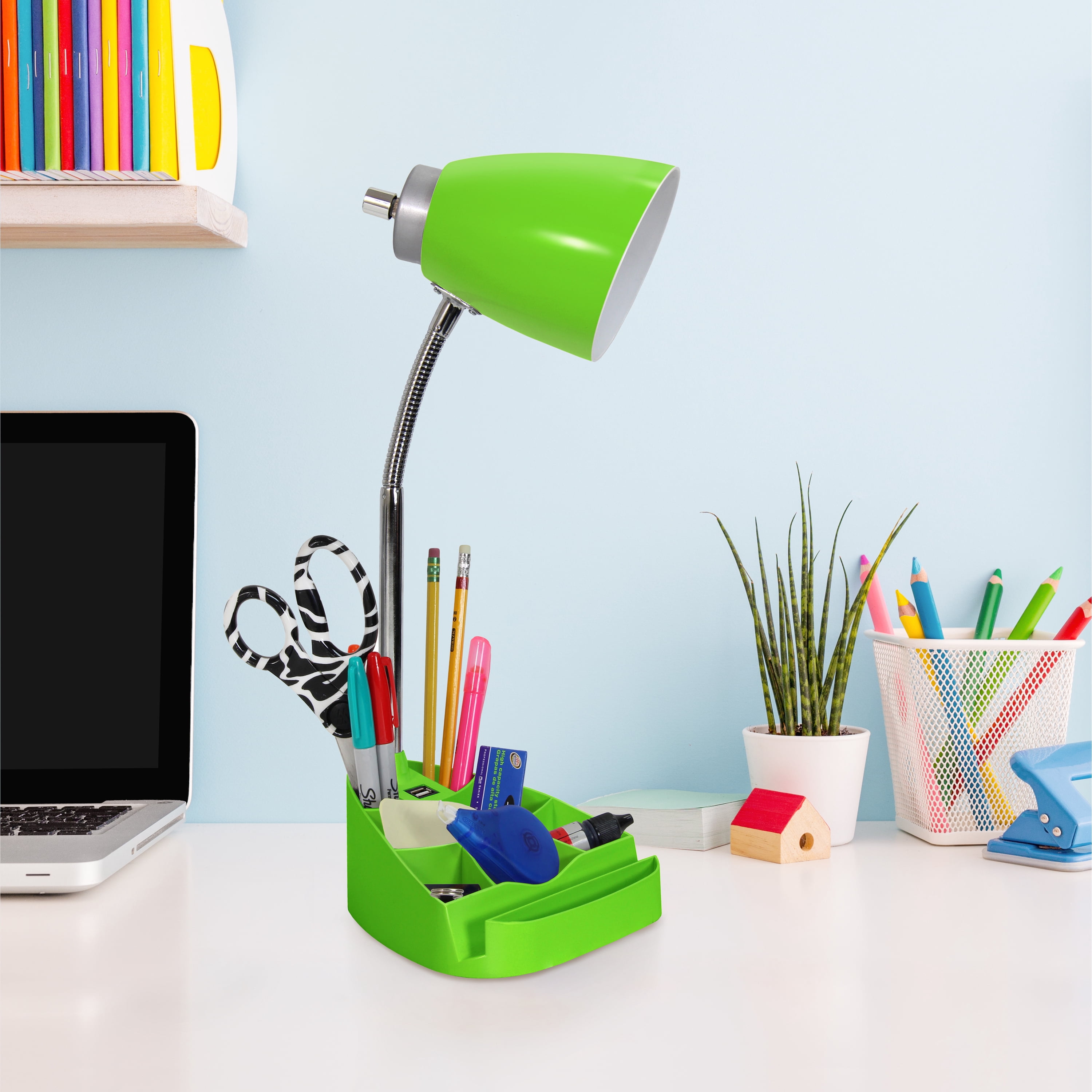 Creekwood Home 18.5" Flexible Coordinating Desk Lamp with USB Port and Storage, Green