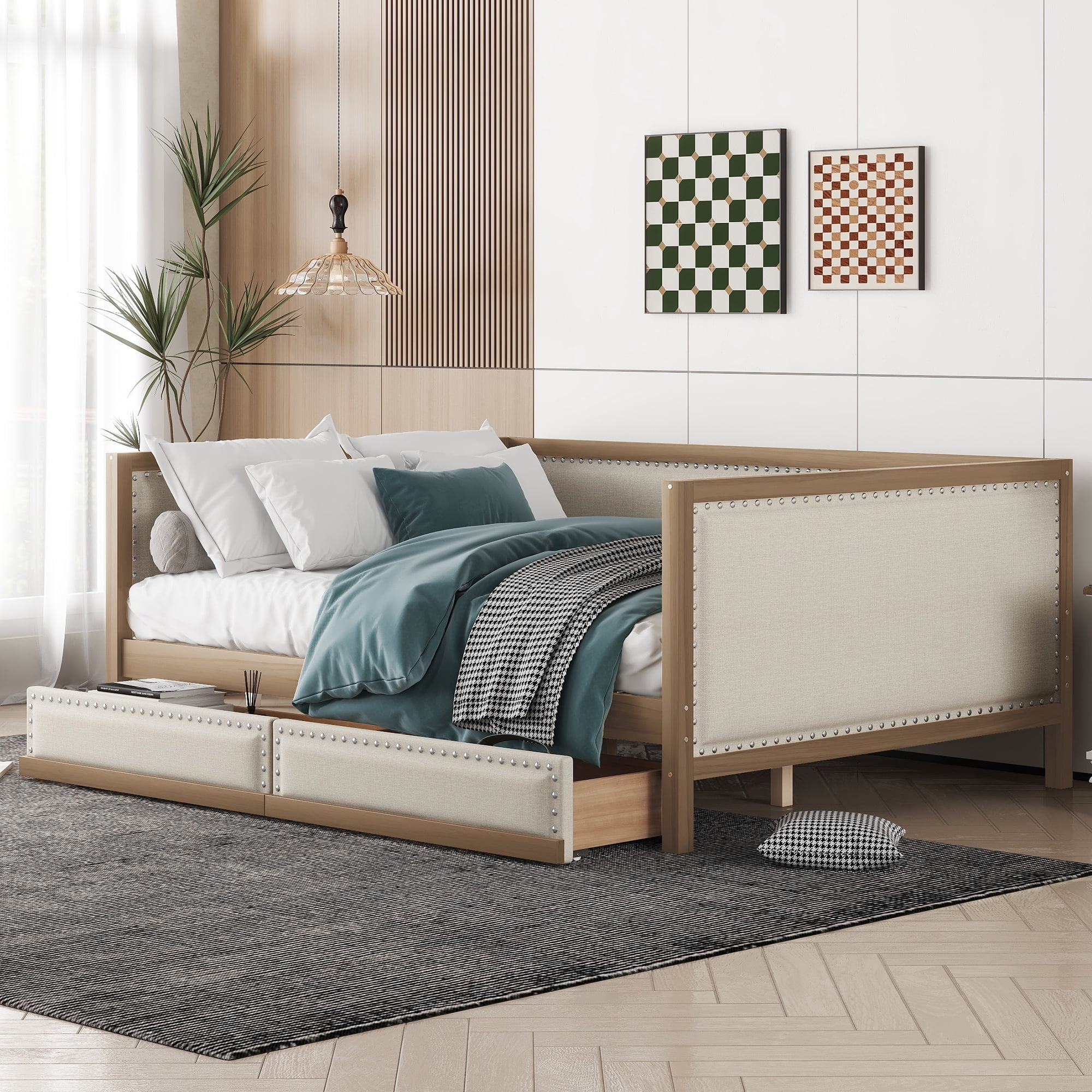 Euroco Upholstered Daybed with 2 Drawers, Full Size Nailhead Sofa Bed for Living Room