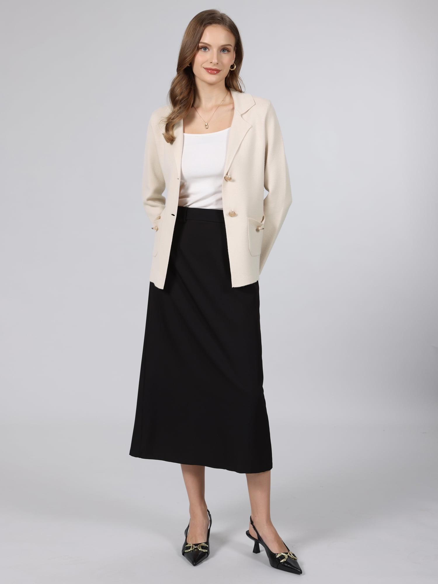 DARING DIVA Women's Sweater Blazer Lapel Knit Pockets Blazer M Beige