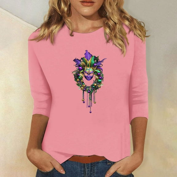 SOOMLON Mardi Gras Shirts Women Carnival Tops Tuesday Party 3/4 Sleeve Shirts Fancy Mask Print Outfits Trendy Crew Neck Tshirts New Orleans Holiday Blouses 2025 Pink XL