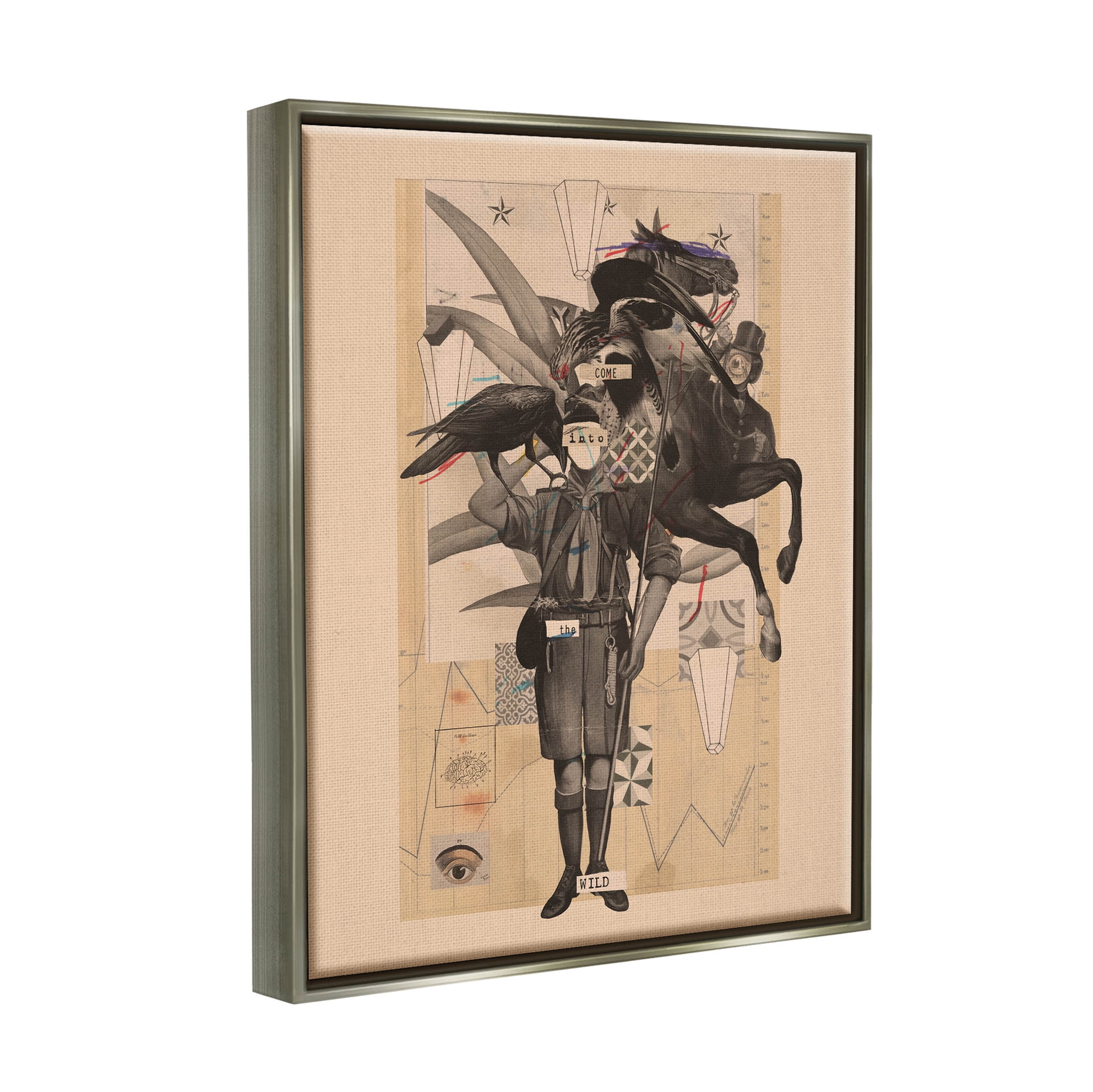 Stupell Industries Abstract Vintage Horse Text Collage Graphic Art Luster Gray Floating Framed Canvas Print Wall Art, Design by Matheus Lopes Castro