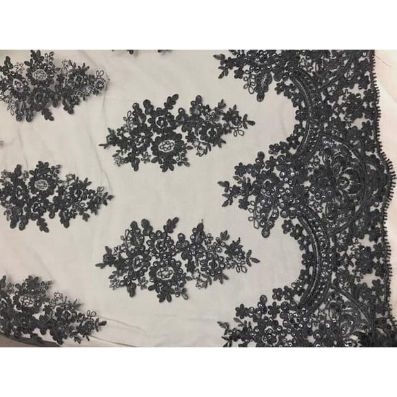 Elegant Sequin Lace Fabric with Heavy Embroidery on Mesh – 51” Wide – 1 Yard – Black (VT-10)