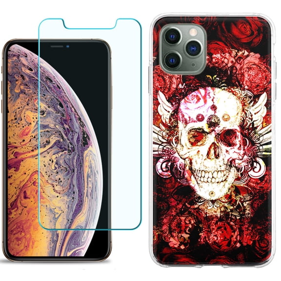 For Apple iPhone 11 Pro Case , Slim-Fit TPU Protective Phone Case with Tempered Glass Screen Protector, by OneToughShield ® - Rose Skull