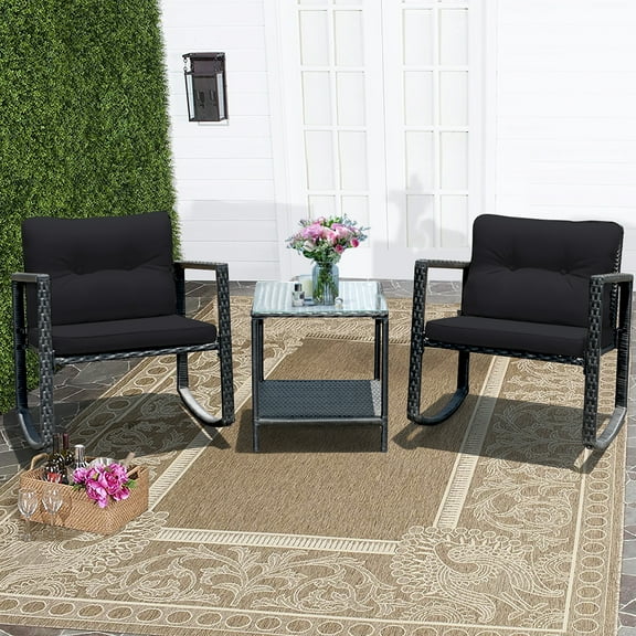 Costway HW62861DK 3PCS Patio Rattan Furniture Set Rocking Chairs Cushioned Sofa Black