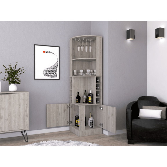 Newboti Furniture 71" H light gray corner bar cabinet, with two shelves at the top, 1 glass holder, 8 exterior bottle racks, 1 central shelf and a lower drawer with 2 side doors 43779