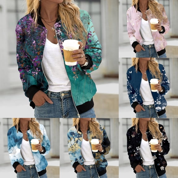 CAIXIA Womens Zip Up Hoodies Trendy Casual Long Sleeve Floral Print Zipper Sweatshirt Lightweight Jackets with Pockets