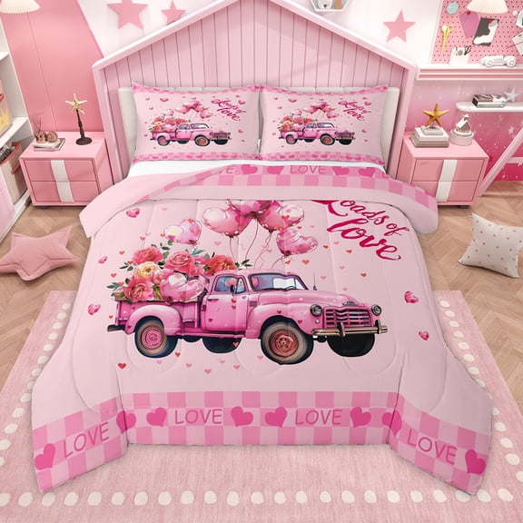 Homewish Romantic Valentine'S Day Bedding Comforter Set,Love Balloon Rose Twin Comforter Sets,Pink Tairy Tale Theme Bedding Set For Girl Teens,Microfiber Bedroom Decor Reversible,2 Pieces