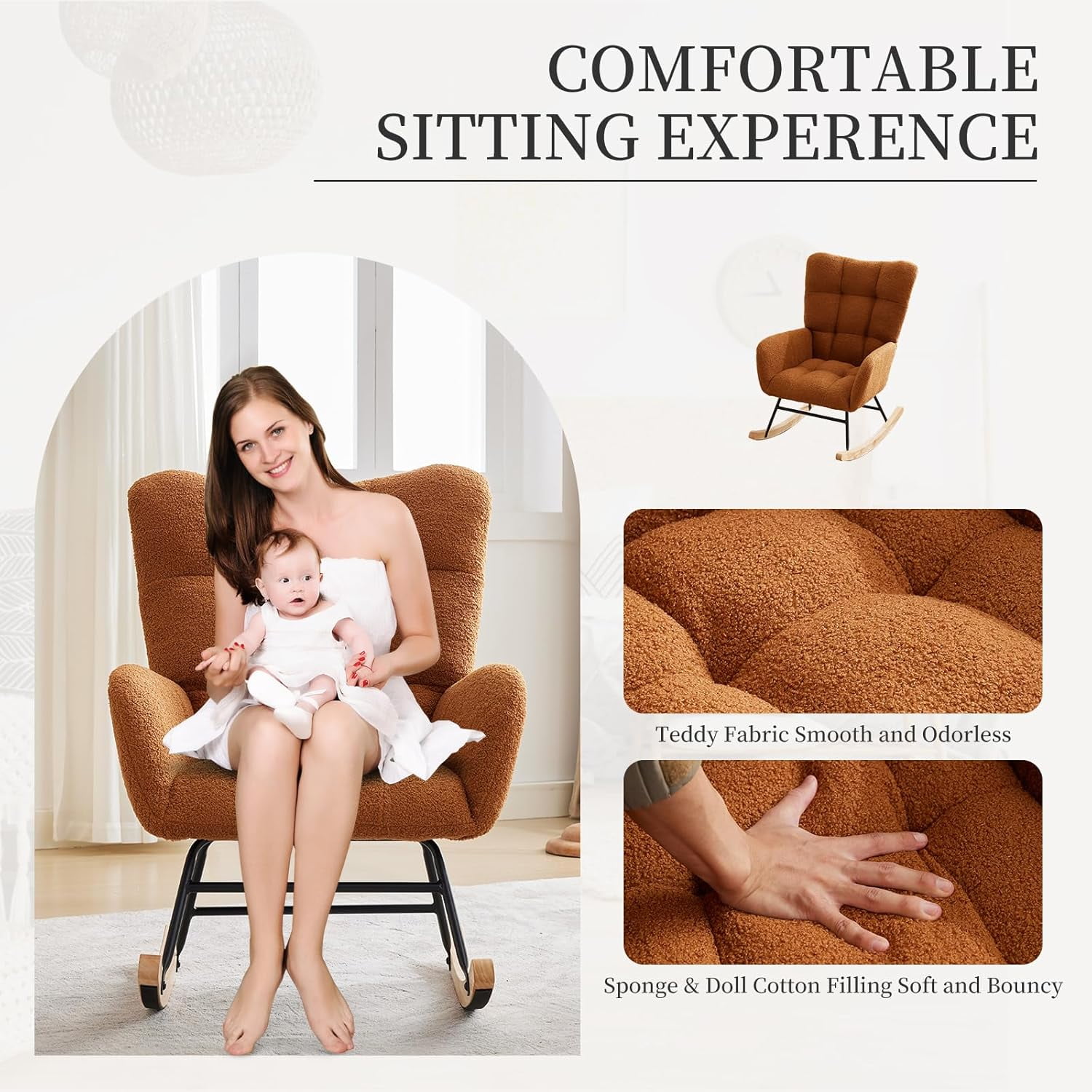 Teddy Fabric Nursery Rocking Chair w/ High Backrest & Side Pockets, Glider for Breastfeeding, Living Room