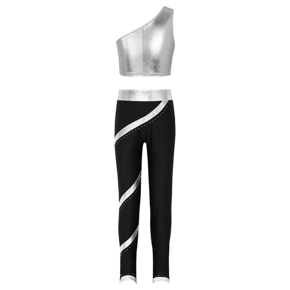 Hansber Kids Girls Gymnastics Outfit One Shoulder Tank Sleeveless Crop Tops with Stripes Pants Ice Silver 16