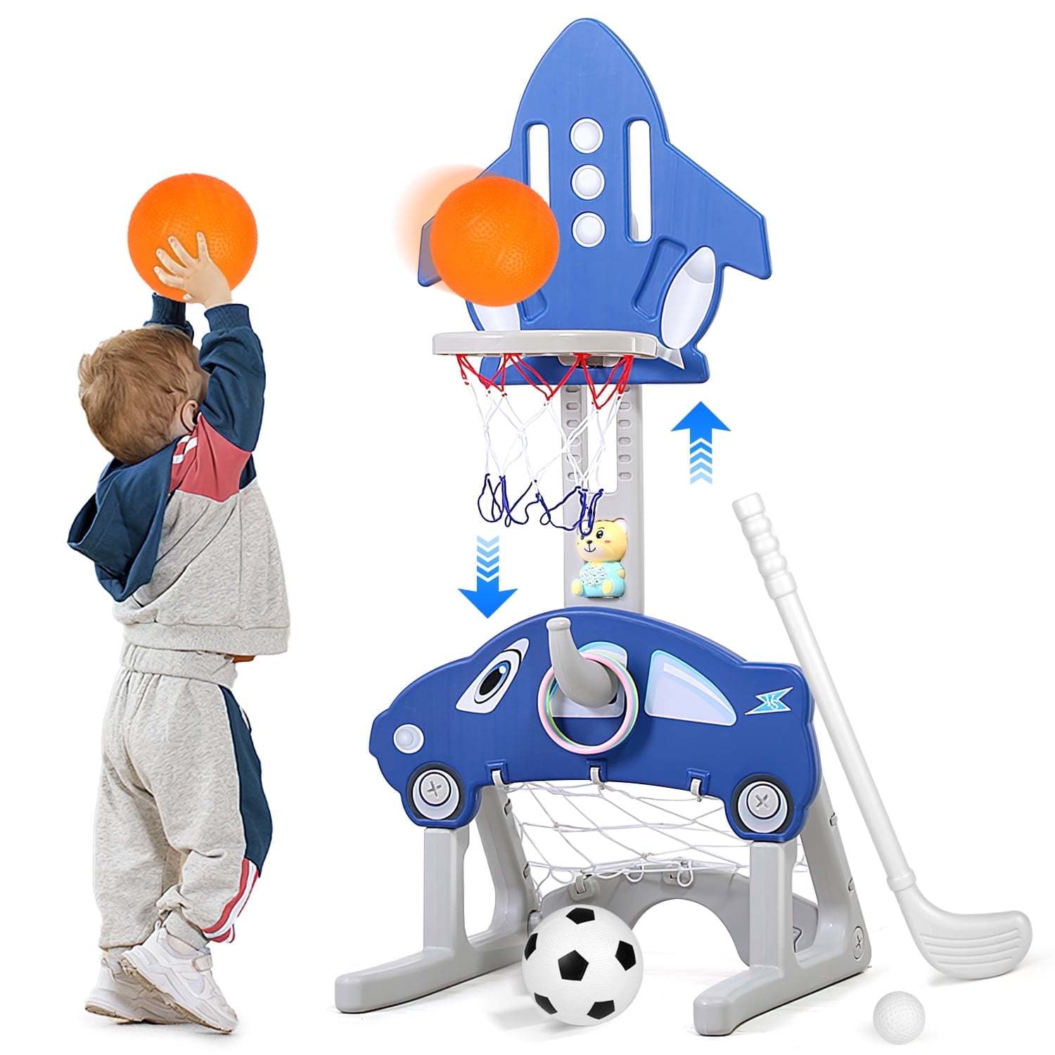 Carsky 5 in 1 Sports Activity Center for Kids, Adjustable Height Basketball Hoop Airplane, Soccer Game&Toy Golf, Ring Toss w/ Storyteller, Indoor/Outdoor Birthday Gifts for Boys&Girls Aged 3+