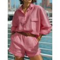 thumbnail image 4 of Jaimenalin Womens Solid Color 2 Piece Outfits Long Sleeve Lapel Button Loose Fit Top Mini Shorts Summer Set Pink L, 4 of 5