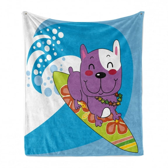 Ride the Wave Soft Flannel Fleece Throw Blanket, French Bulldog Surfing and Smiling Happy Adventure Exotic Dog Cartoon, Cozy Plush for Indoor and Outdoor Use, 70" x 90", Multicolor, by Ambesonne