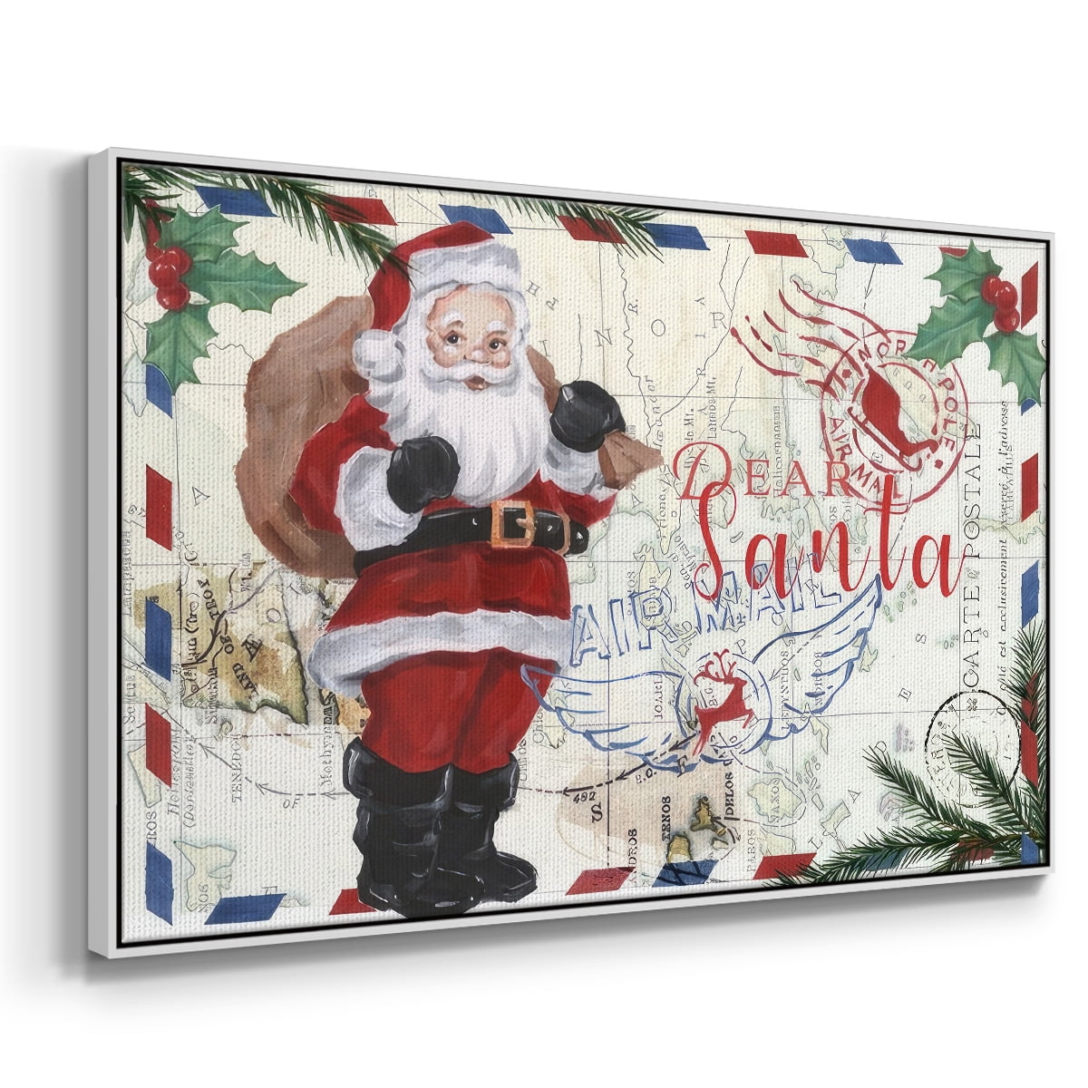 Christmas Par Avion Collection A - Framed Gallery Wrapped Holiday Canvas - 17 x 25 - White Frame