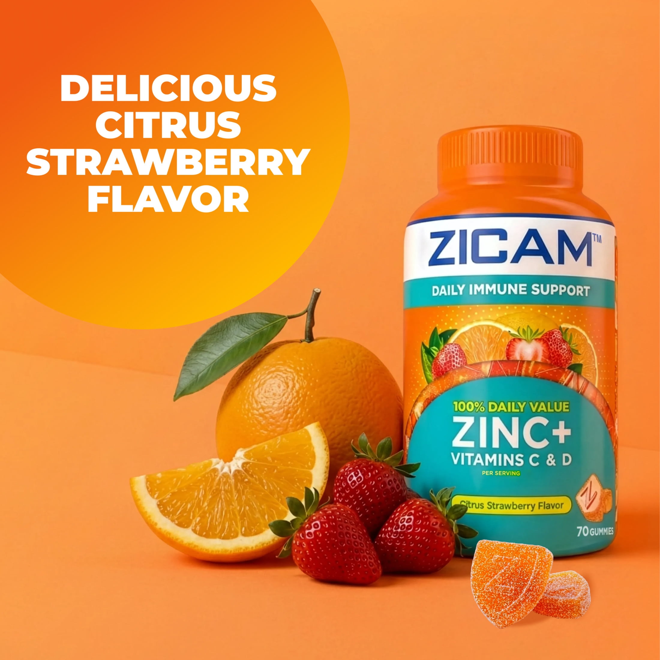 (3 pack) Zicam Daily Immune Support, Gummy Supplement, Zinc, Vitamin C and Vitamin D, Citrus Strawberry Flavor, 70 Count