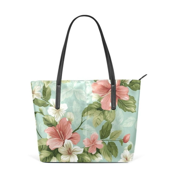 Tote Bag Aesthetic leather Handbags with Zipper for Women Travel Shoulder Bags Purses with compartment. Pink Green White Floral