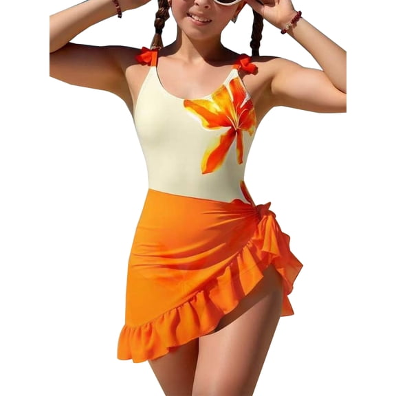 HWJAD Girls Swimsiut Ruffle Strap One-Piece with Cover Up Kids Floral Print Swimwear Child Beach Bathing Suit 5-12Y
