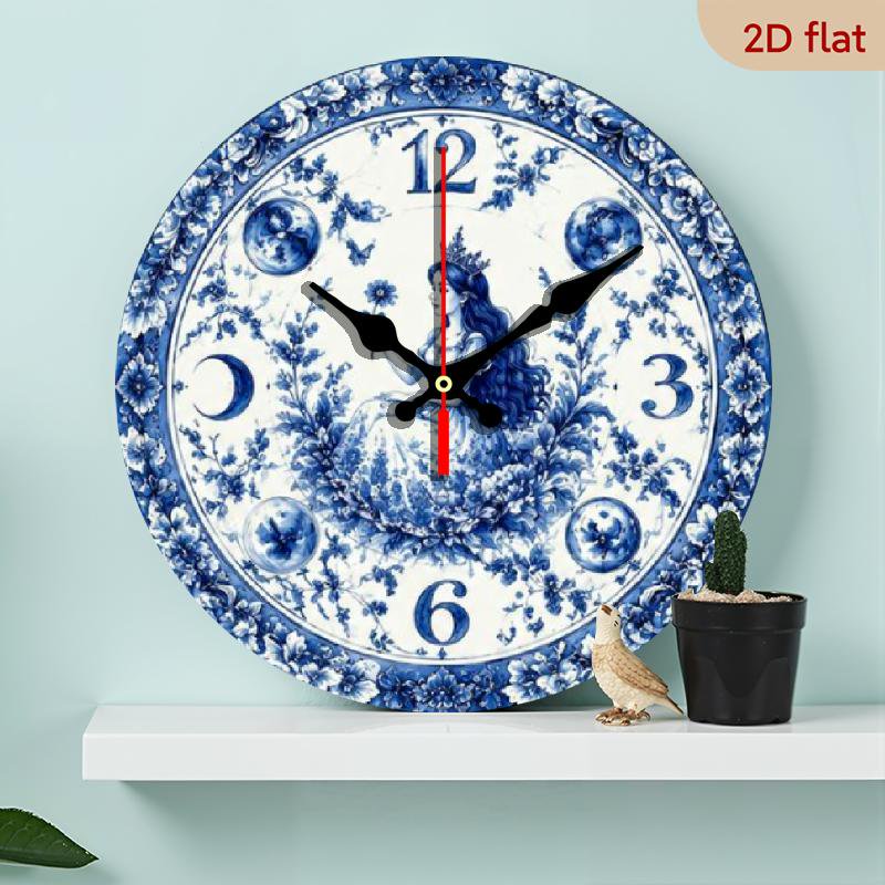 10-inch Non-Ticking Round Wall Clock, Blue and White Ceramic Patterned Wood, Requires AA Batteries, Suitable for Modern Bedroom, Office, and Entryway Decor