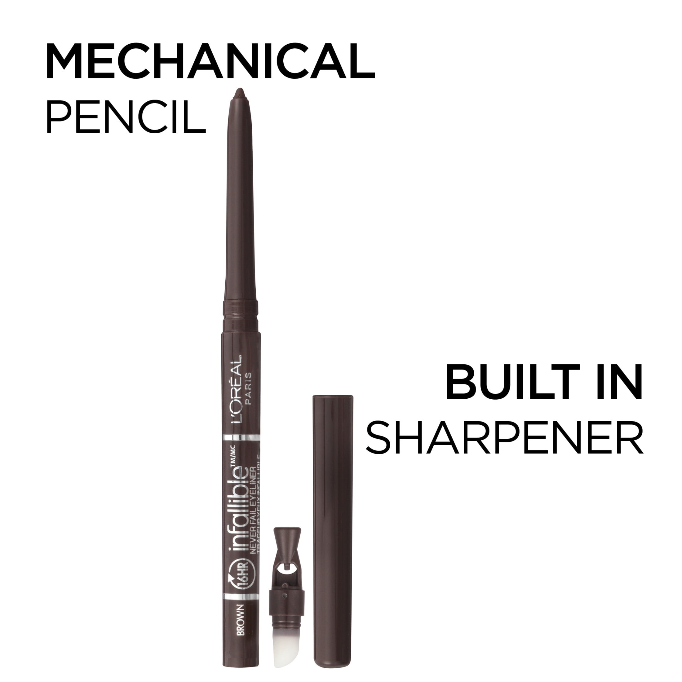 (3 pack) L'Oreal Paris Infallible Never Fail Pencil Eyeliner with Built-In Sharpener, Black Brown, 0.01 fl oz