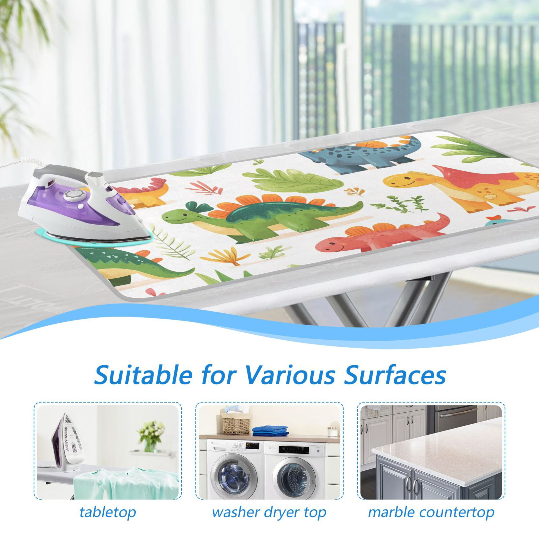 Watercolor Cartoon Dinosaur Ironing Mat Blanket for Table Top Travel Portable Ironing Board Pad 47.2x27.6 Inch