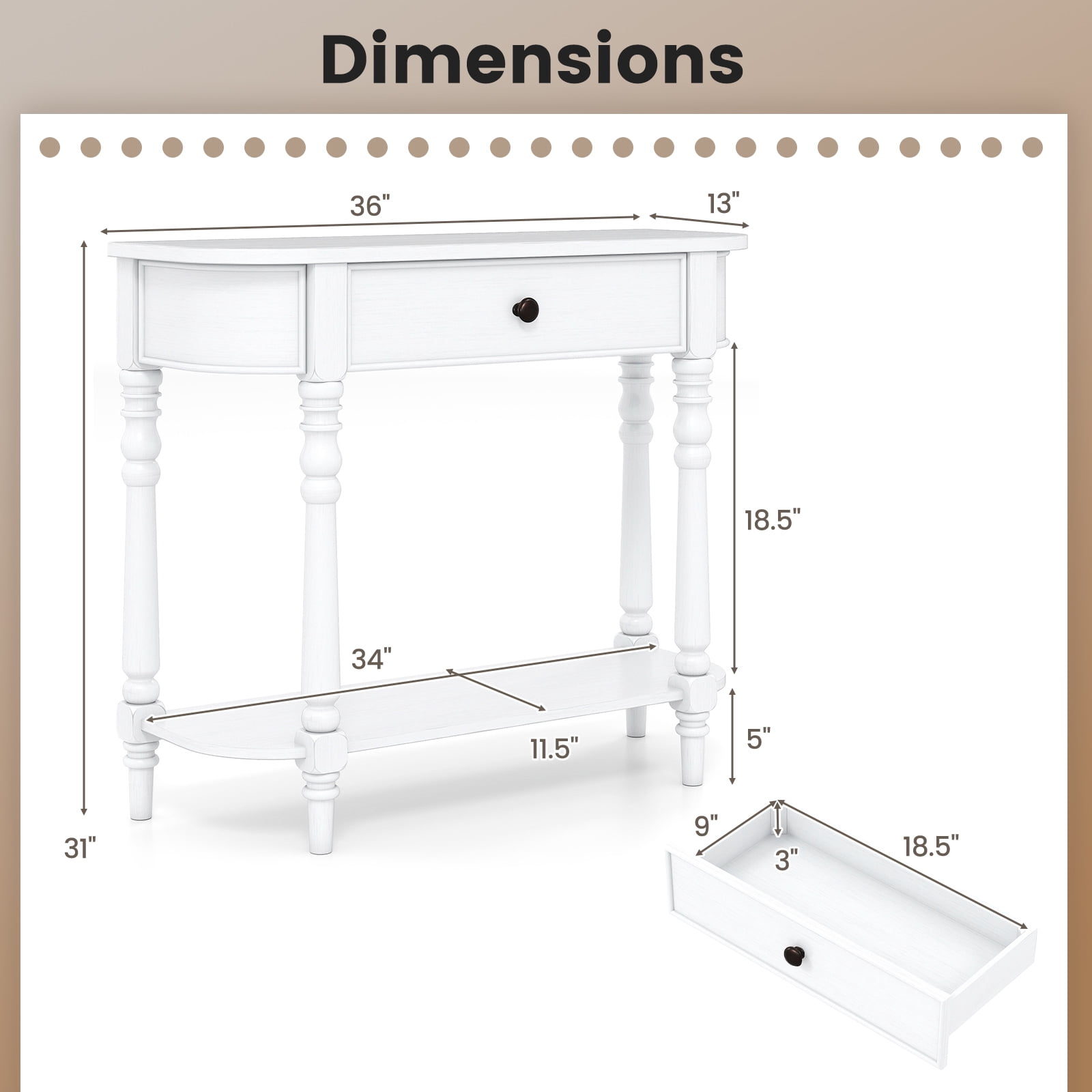 Gymax Retro Console Table 36''L Wooden Entryway Table w/ Storage Drawer & Open Shelf White