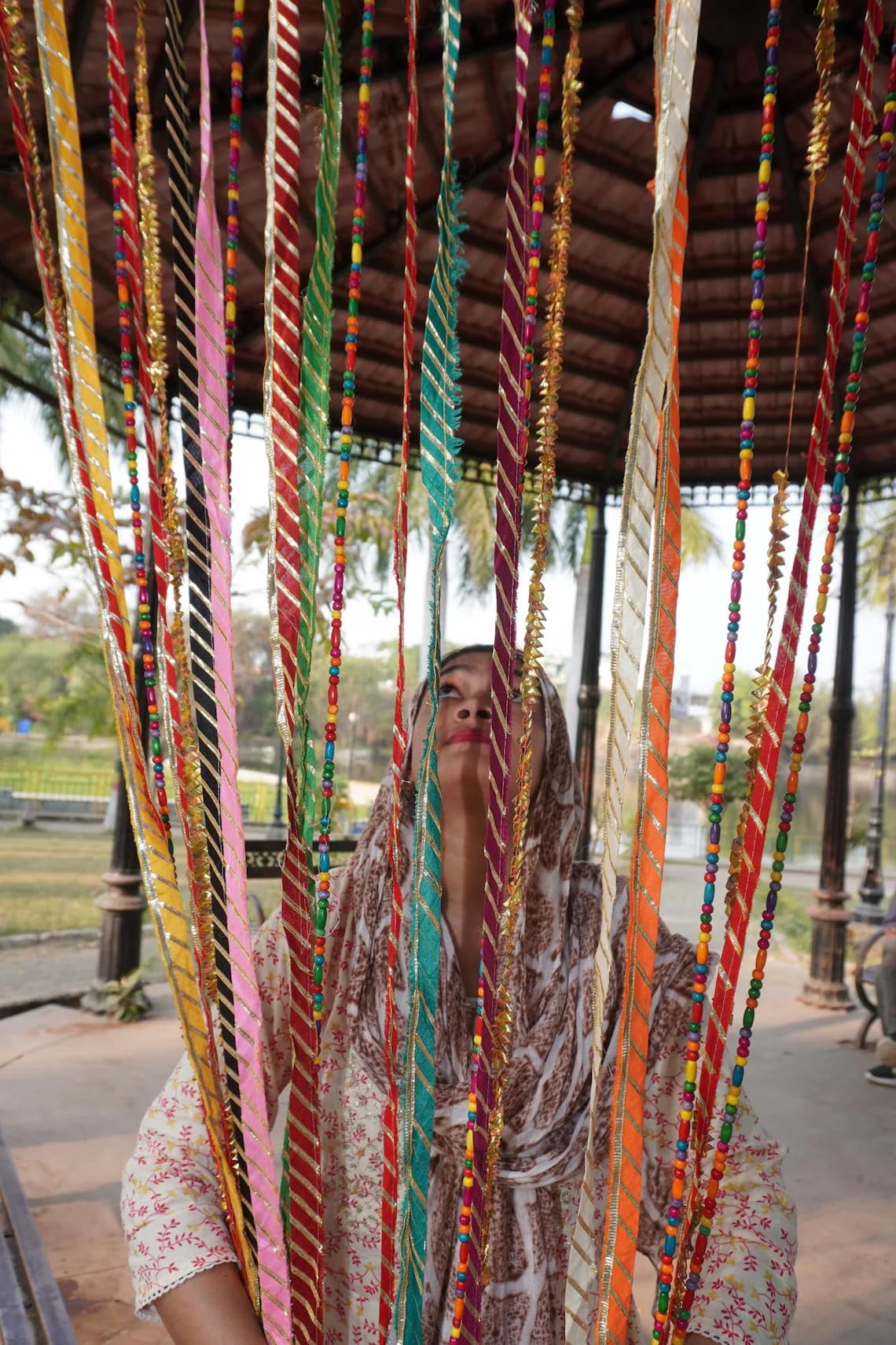 Handmade Rainbow Rag Curtain: Hippie Boho Door Divider, Beaded Decor