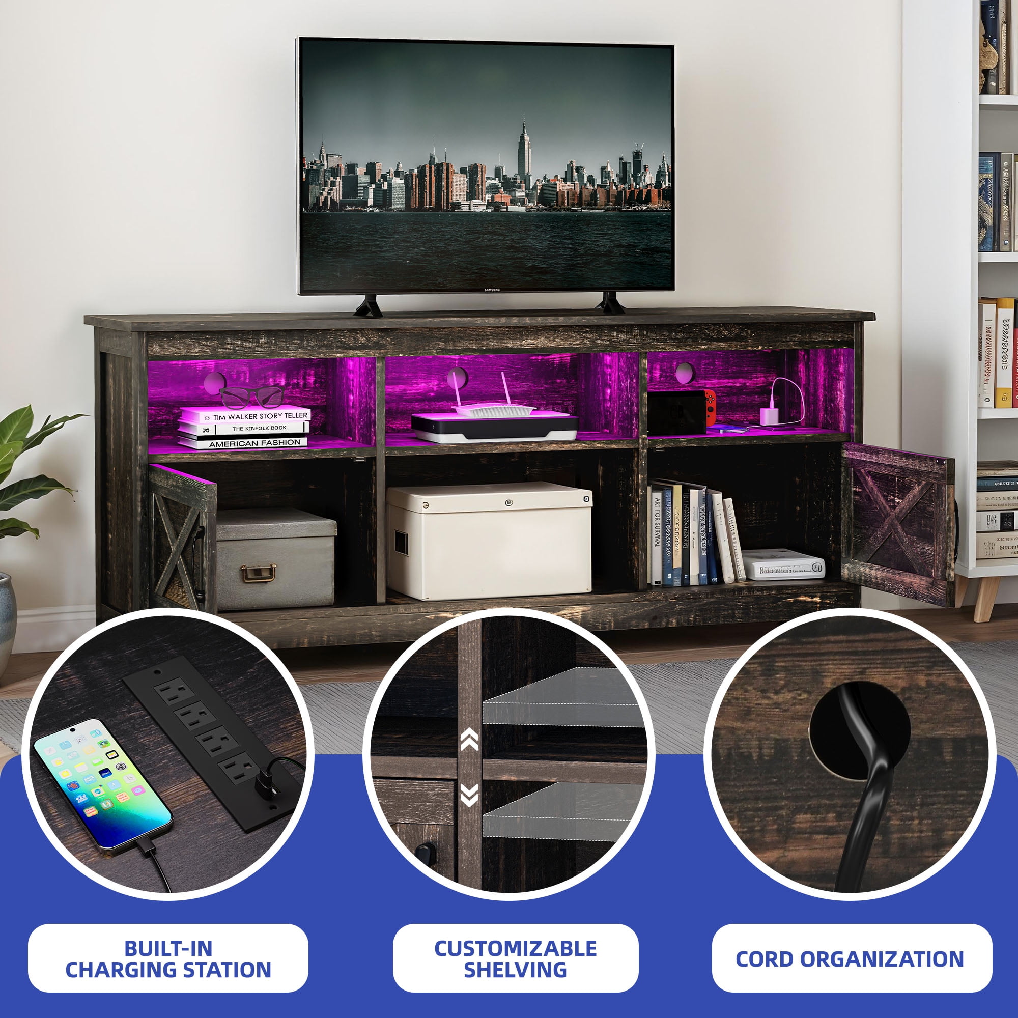ModFusion Rustic Black TV Stand with Support for 70" Screens, Dual Doors with Magnetic Hinges, Adjustable Shelves, LED Lighting, Cable Management, Freestanding Design, and 300 lb Capacity
