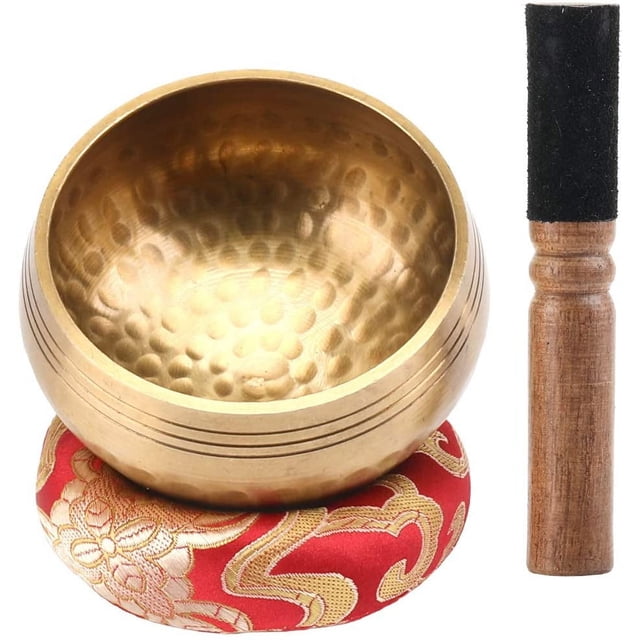 Cuenco tibetano, cuenco tibetano hecho a mano, juego de cuencos con badajo de cuero y cojín de cuenco, cuenco para yoga, recitación de oraciones, masaje, curación, tratamiento, decoración