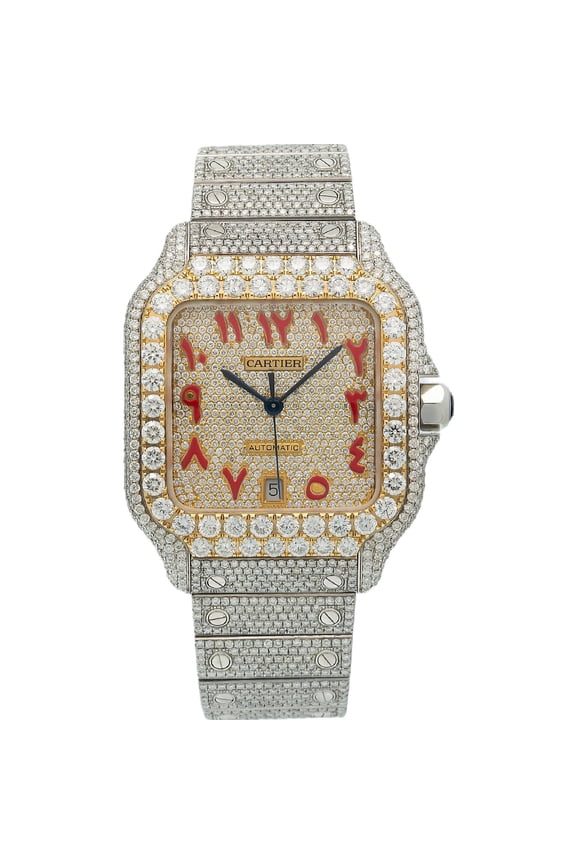 Pre-Owned Cartier Santos 39.8MM WSSA0030 Champagne Eastern Arabic Dial Yellow Gold Diamond Bezel Stainless Steel Full Diamond Bracelet 18.75ct