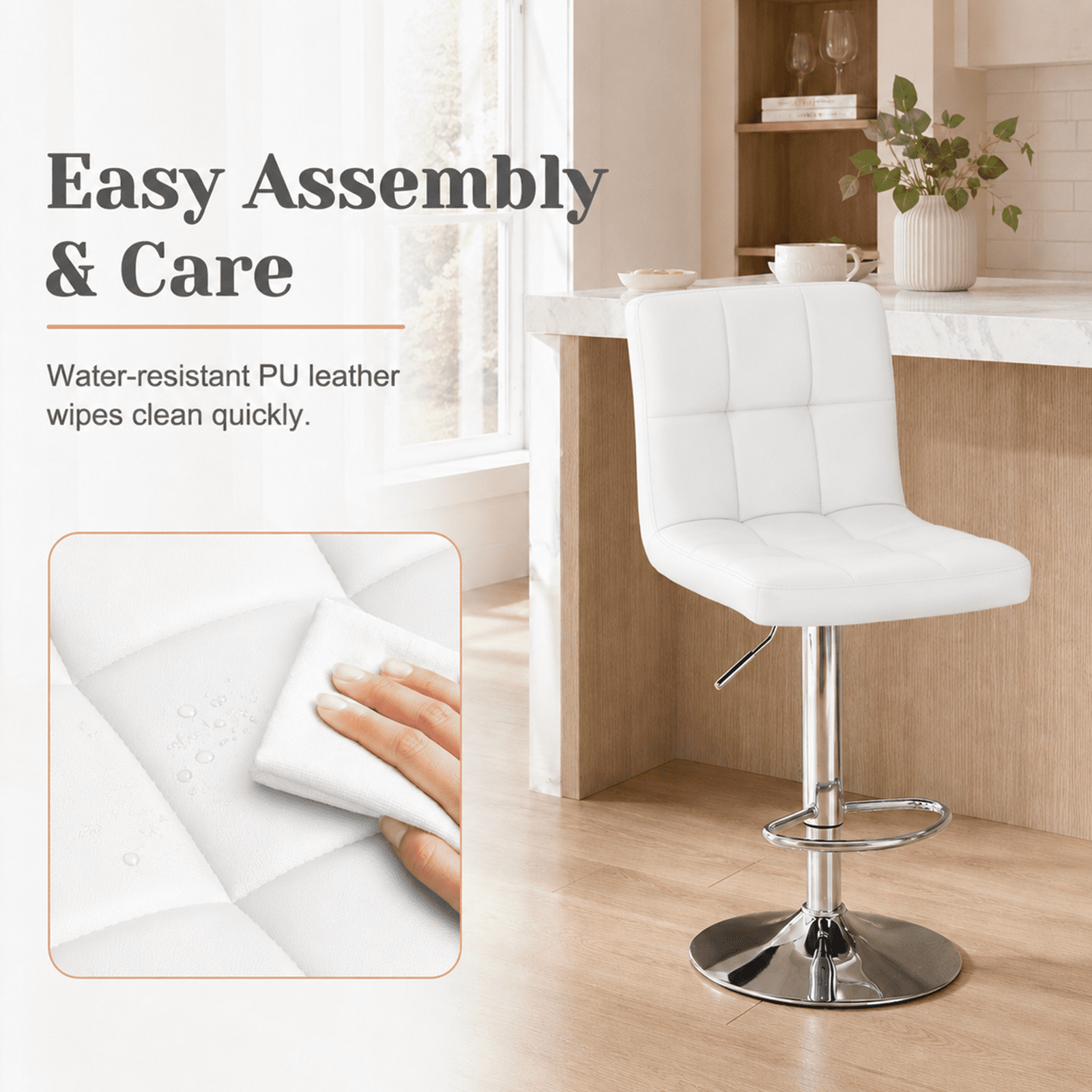 Alvantor 2-Pack Bar Stools, PU Leather Height Adjustable Swivel/ Armless Barstools, Hydraulic Kitchen Counter Height Bar Chairs, Made of Waterproof Polyurethane Leather Material