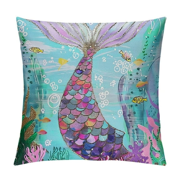 Qinduosi Set of Tail Throw Pillow covers , Kids Pillow covers, Girly Cushion covers, Sea Animal Sequins Decorative Square Pillow cases Bedroom Decor, Teal Pink White