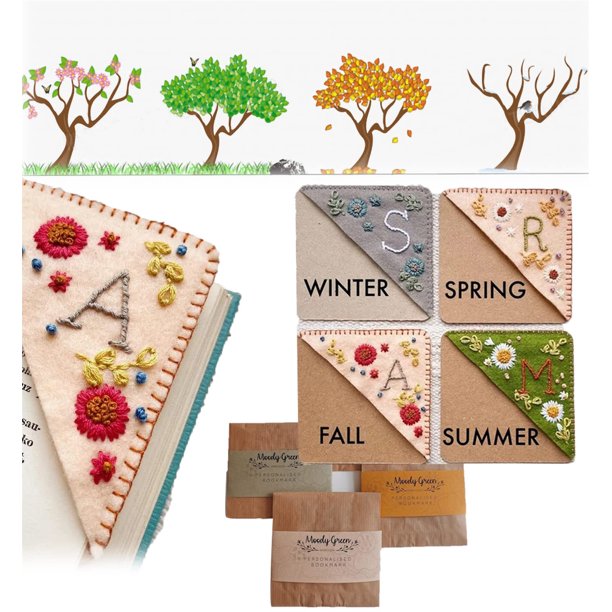 Personalized Hand Embroidered Corner Bookmark, Hand Stitched Felt