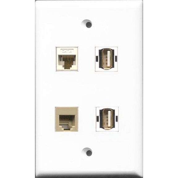 RiteAV - 2 Port USB A-A and 1 Port Phone RJ11 RJ12 Beige and 1 Port Cat6 Ethernet White Wall Plate