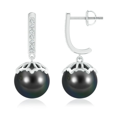 10mm Black Tahitian Pearl Earring - June Birthstone Earrings - Classic Tahitian Cultured Pearl & Diamond Dangle Earrings in 14K White Gold (10mm Tahitian Cultured Pearl)- SE1206THPRD-WG-AA-10