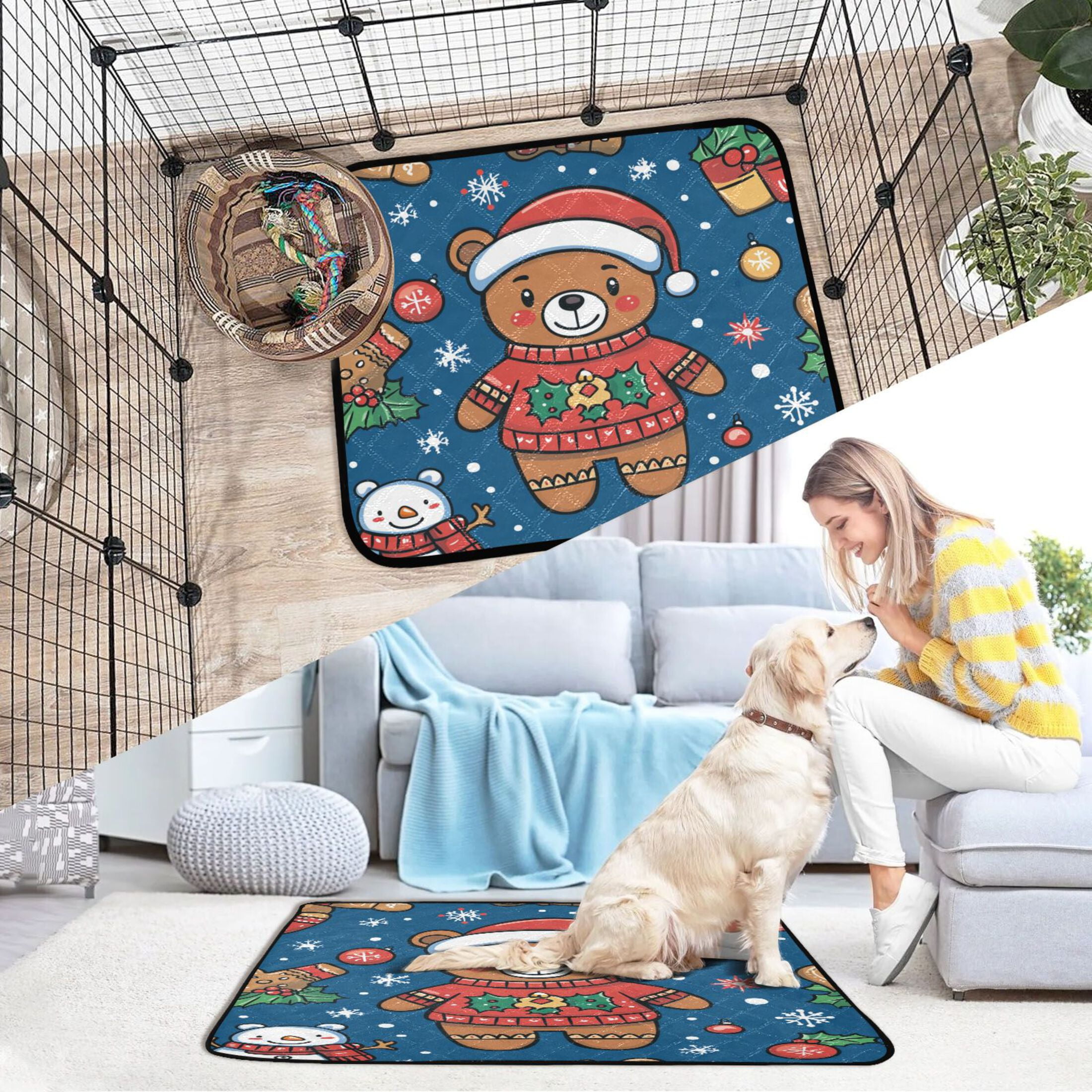 Qxltty Seamless Pattern Of A Christmas Bear and Decorations Cat litter Pads Pet Set of 3 Diaper Mats Center Anti-leakage Layer Absorbent Soft and Comfortable