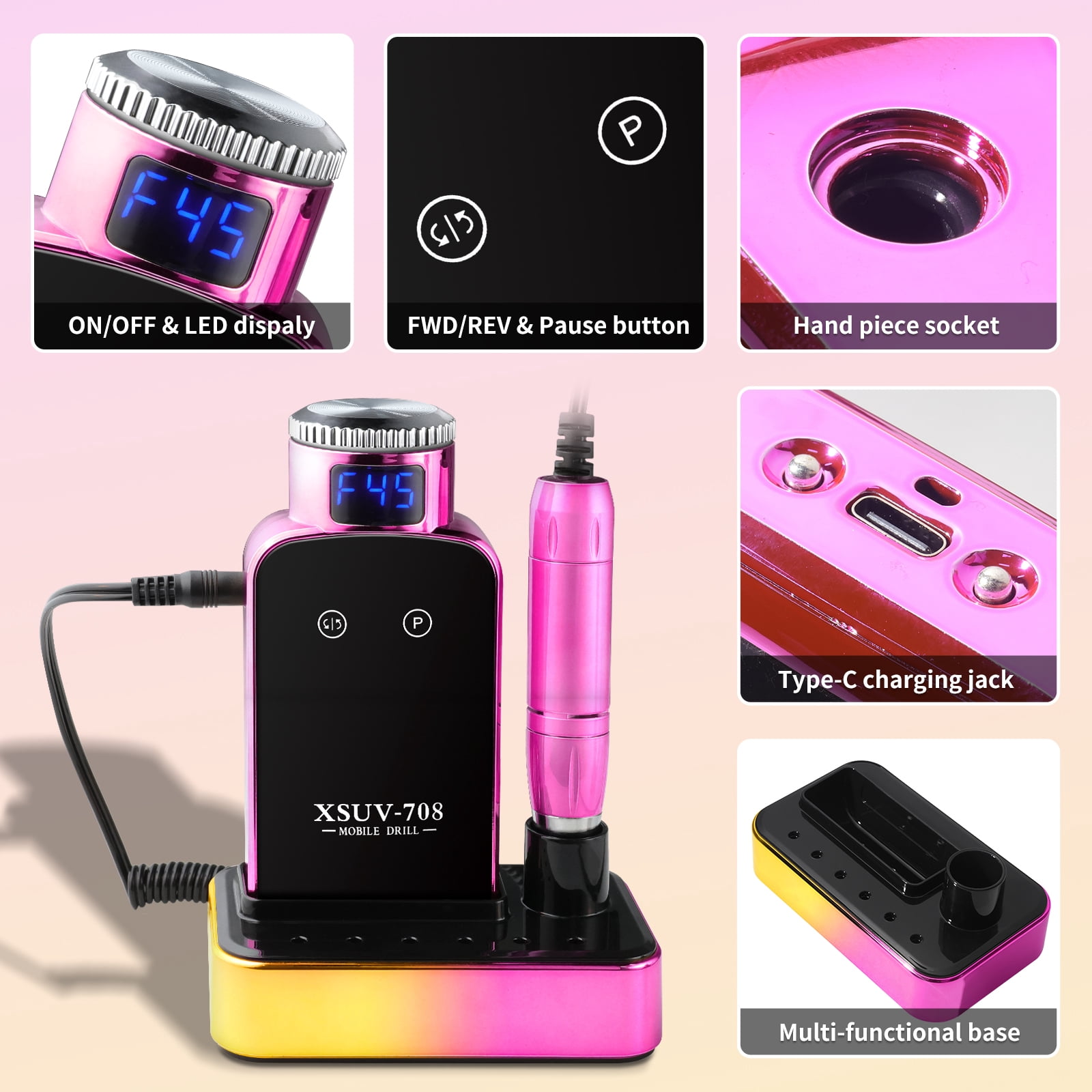 Nail Drill Professional, 45000RPM Electric Nail File for Acrylic & Gel Removal, 2-in-1 Desktop & Portable, LCD Display, Rechargeable, Quiet