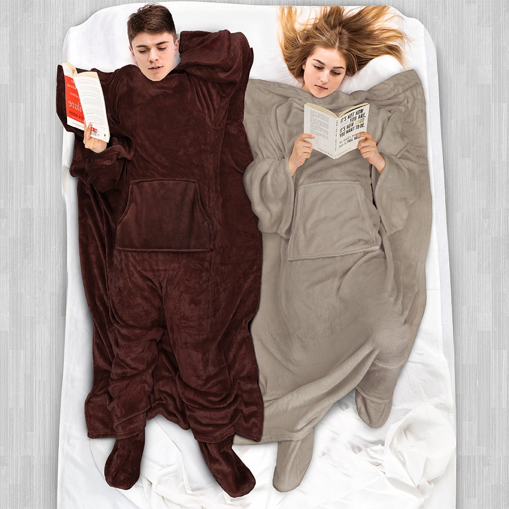 PAVILIA Fleece Blanket with Sleeves, Foot Pockets for Women Men Adults, Plush Wearable Blanket Throw Wrap, Warm Snuggle Blanket Robe, Cozy Gift Ideas Wife Mom, Brown