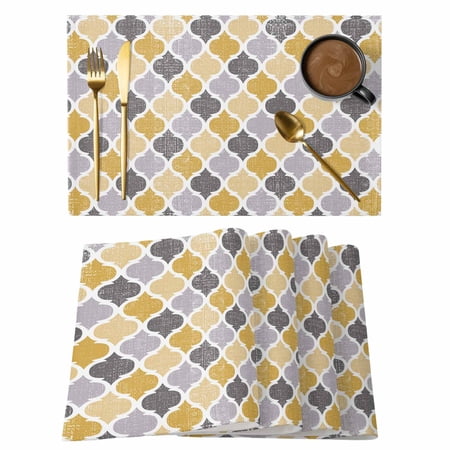 Yellow Gray Moroccan Pattern Placemats Set of 4 Retro Geometric Style Place Mats Table Mats Kitchen Dining Home Outdoor Party Table Decoration