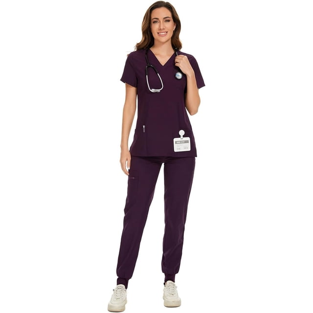 Ensemble de Blouses Médicales pour Femmes - Haut à Col en V Extensible & Pantalon Jogger avec 8 Poches
