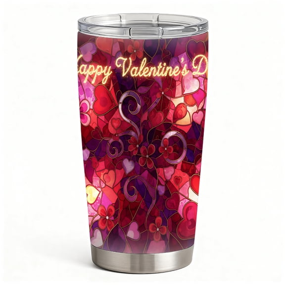 Stained Glass Heart & Floral Art Stainless Steel Insulated Tumbler with Lid, Double-Wall Hot Cold Coffee Travel Cup, Valentine Gift for Her