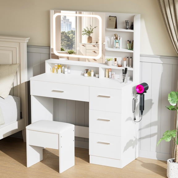 LIVELYGLOW Vanity Set with Stool,Smart LED Mirror Makeup Vanity Set with Power Outlet,Vanity Dressing Table for Bedroom,White
