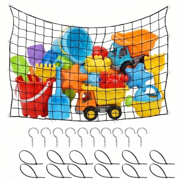 Extra Large Pool Toy Storage Net, 71 x 47 in Heavy-Duty Elastic Mesh with 10 Hooks, Hanging Organizer for Poolside Fence