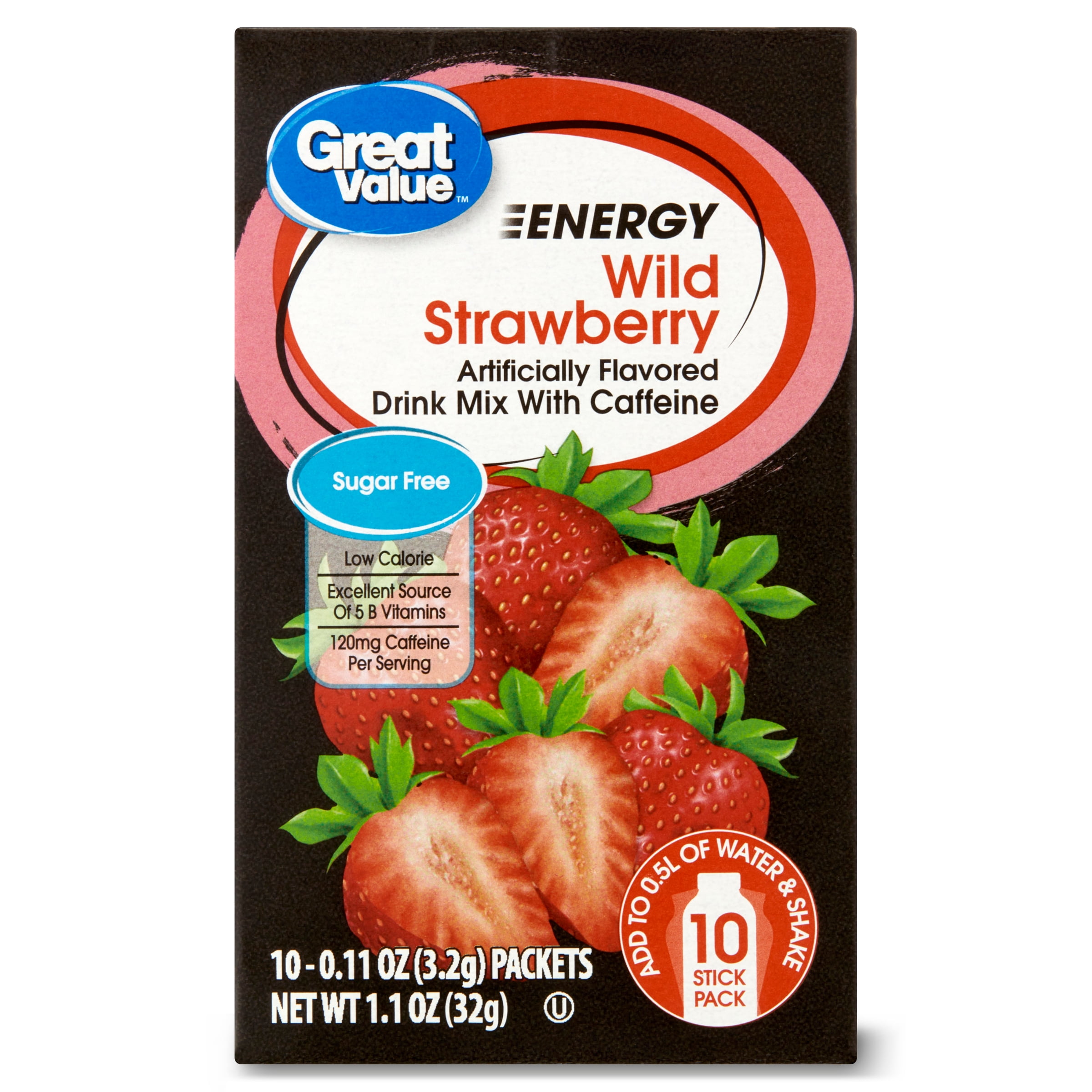 Great Value Sugar-Free Wild Strawberry Energy Drink Mix, 1.1 oz, 10 Count