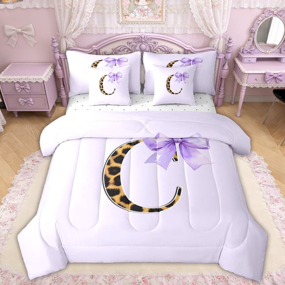 Erosebridal Princess Purple Bow Twin Bedding Sets, Brown Leopard Print Letter C Bedding Comforter Set for Girls Kids, Reversible, 7pcs