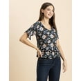 thumbnail image 3 of Moomaya Womens Printed Viscose Top, Ruffled, V-Neck, Elbow Sleeves Loose-Fit Summer Tops, 3 of 7