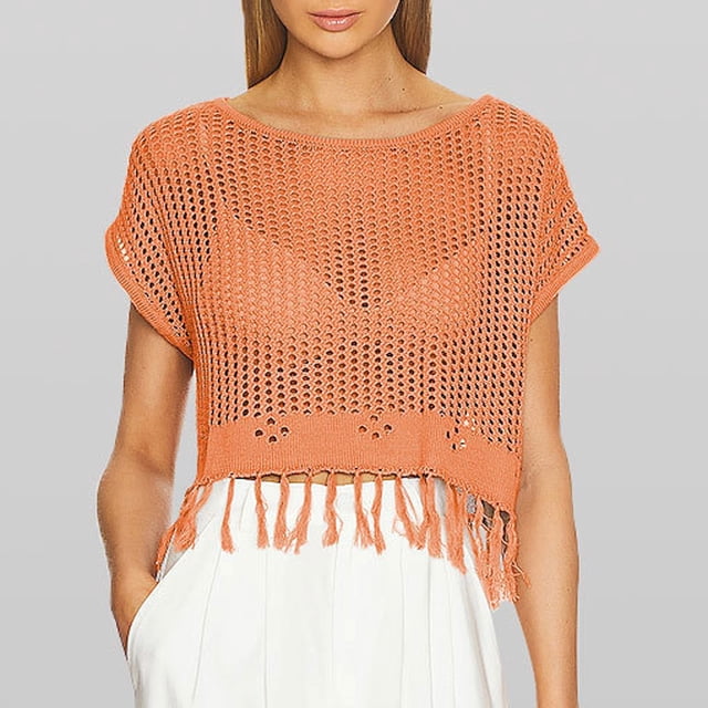 Jusqu'à 50 % de Réduction, Blouse Décontractée à Franges Manches Courtes Col Rond Ample, Tunique Découpée pour l'Été Parfaite pour Toutes les Saisons/acrylique, Orange, Sopatenor