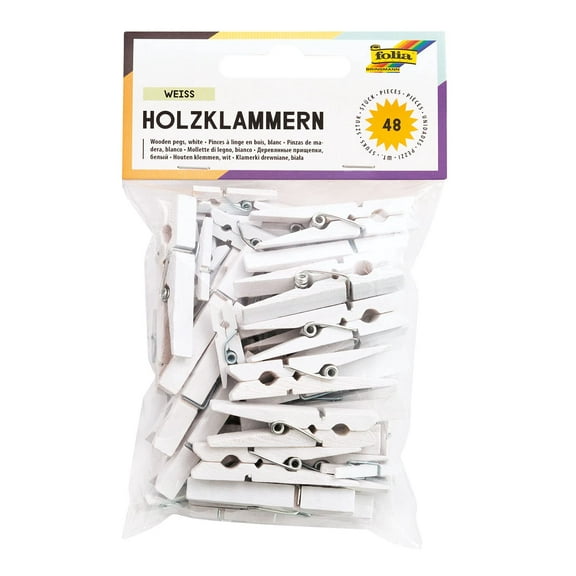 Folia 2293 Wooden Pegs White Pack of 48 Assorted in 3 Sizes Colourful