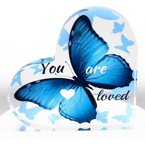 Acrylic Heart Gifts for Women Butterfly Desk Decor Inspirational Engraved Keepsake for Friend Appreciation Decoration Table Centerpiece Thank You Birthday Present (You are loved- Blue)
