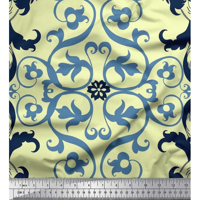 Soimoi polyester Crepe Fabric Swirl & Ogee Damask Print Fabric by Yard 52 Inch Wide